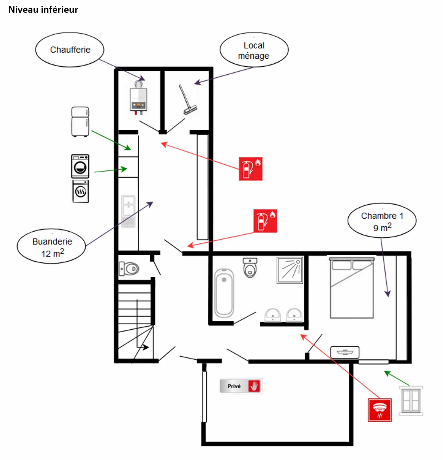 Plan du niveau inférieur avec accès piscine et jardin